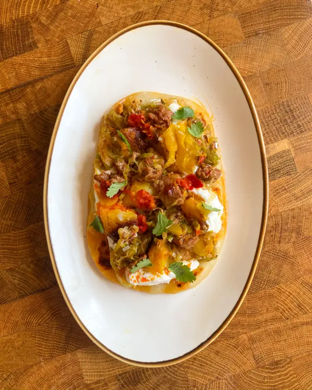 Potato Flatbread w/ Leeks & Sausage